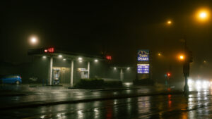 Twin Peaks Gas Station lights up a corner on Woodside Avenue.